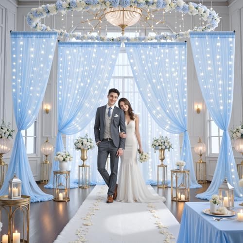 10ft x 10ft Baby Blue Tulle Photo Backdrop Curtain with Lights String for Parties Wedding Sheer Blue Curtain Backdrop for Birthday Party Baby Shower Boy Photo Booth Photography Background Decorations - Image 4