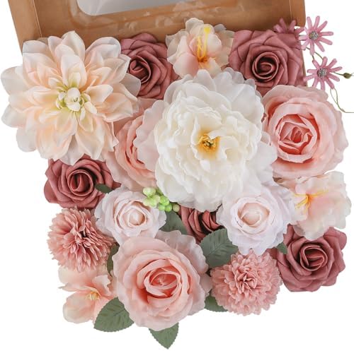 Floweroyal Artificial Flowers Combo Pink Flowers Mix Silk Flowers Dahlia Roses with Stems for DIY Wedding Bridal Bouquets, Baby Shower, Floral Arrangement, Table Centerpieces, Home Decorations by FloweroyalCrafts