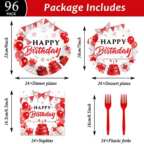 96pcs Red White and Gold Birthday Plates Napkins Forks Party Tableware Set Confetti Sprinkles Happy Birthday Party Decorations Red Table Decors for Men Women for 24 Guests - Image 2