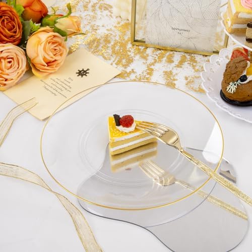 Liacere 150PCS Clear Gold Plastic Plates - Gold Plastic Silverware with Glitter Handle - Clear Disposable Plates Include 30 Guests Plates, Forks, Spoons, Knives for Wedding&Thanksgiving&Fall Party - Image 4