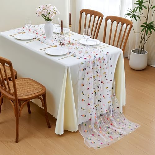 JIALE Ivory Floral Table Runner, Embroidery Daisy Seasonal Table Decorations, 120Inch 10FT 1PC Tulle Fabric for Home Decor, Bridal Shower Wedding, Baby Shower Parties, DIY Craft - Image 2