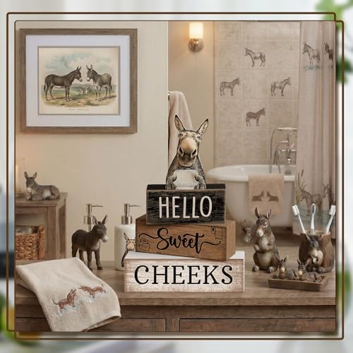 Moucuny 4 Pcs Hello Sweet Cheeks Bathroom Decor Wooden Signs Donkey - Image 2