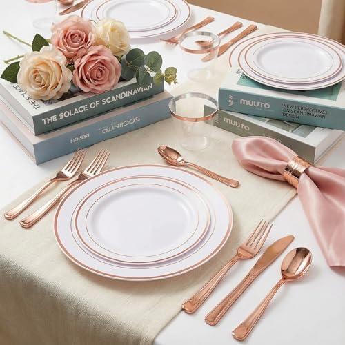 WELLIFE 350Pcs Rose Gold Plastic Plates for 50 Guests - Plastic Dinnerware Set,Party Supplies Includes 100 Rose Gold plates,150 Silverware,50 Napkins,50 Cups for Valentines and Galentines - Image 4