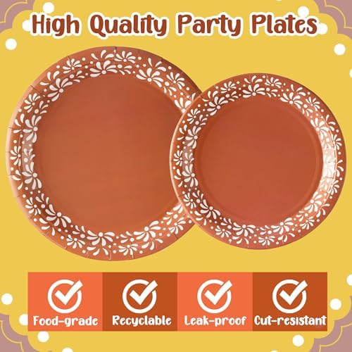 96Pcs Brown Platos De Barro Mexicanos Cielito Lindo Terracotta Clay Party Plates Supplies Tableware Decorations Disposable Paper Plates Napkins Forks for Birthday Baby Shower, Serves 24 - Image 3