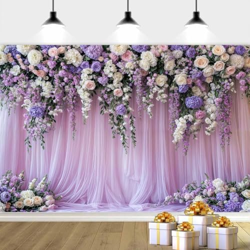 10x10ft Purple Lavender Floral Bridal Backdrop Wedding Flower Photography Backdrop for Girl Portrait Baby Shower Birthday Party Decor Banner Mother's Day Party Wall Backdrop Studio Photo Backgrounds - Image 2