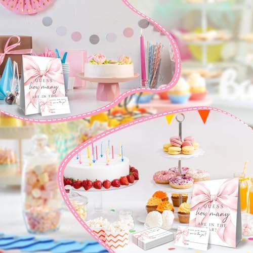 Pink Bow Baby Shower Decorations,Pink Watercolor Ribbon Minimalist Baby Shower Game,Guess How Many Bows are in the Jar,Birthday Party Game & Activities 50 Cards and Sign - Image 5