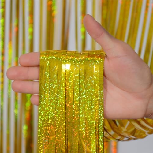 Gold Foil Fringe Curtain Backdrop 3 Pack, 3.2 x 8.2 FT Party Decorations - Image 5