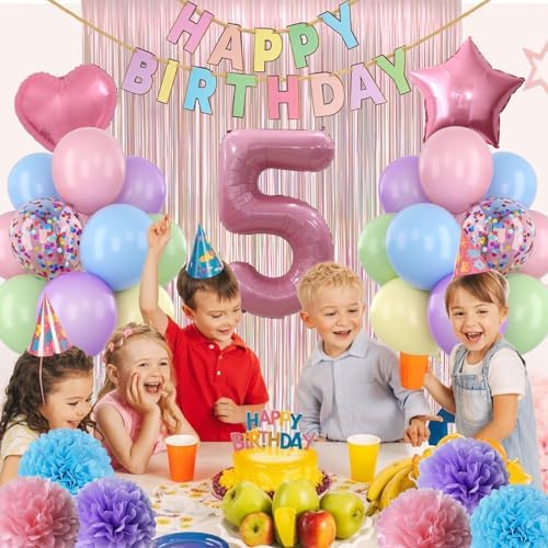 Pastel 5th Birthday Colorful Party Decorations Girls Pink Number 5 Balloon - Image 4