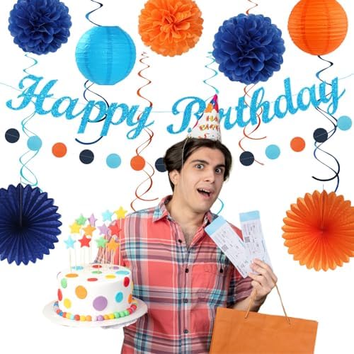 Royal-Light Blue Orange Happy-Birthday Party-Decorations - 31pcs Men Boys Paper Lanterns Streamers Banner,Navy Tissue Flowers Pom Poms Fans Tassels Garland Decor Backdrop Supplies Hugmoon - Image 7
