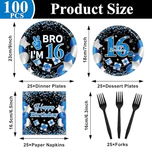 Qyeahkj 100 Pcs 16th Birthday Decorations for Boys Official Teen Supplies Plate Napkin Forks Set Disposable Blue 16th Birthday Tableware Paper Plates Dinnerware for Kids Teenager Favors Serve 25 - Image 2