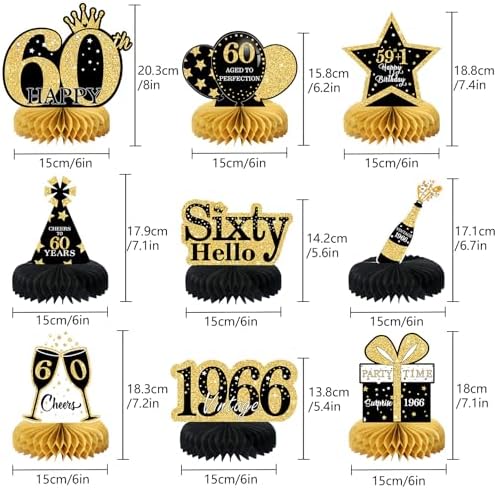 9 Pcs 60th Birthday Decorations Honeycomb Centerpieces for Women Men, Black Gold 1966 Aged to Perfection Vintage Centerpieces for Tables Toppers,Sixty Years Party Decorations Supplies - Image 2