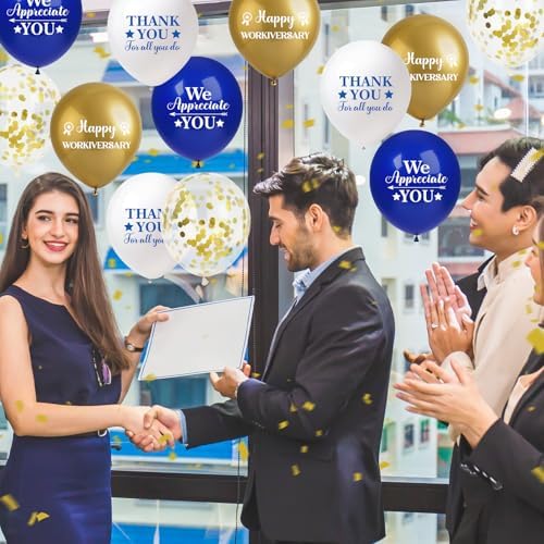 40pcs Happy Work Anniversary Decorations Balloons Blue Gold Happy Workiversary Thank You We Appreciate You Balloons Work Anniversary Decorations for Office Employee Appreciation Gifts for Worker - Image 2