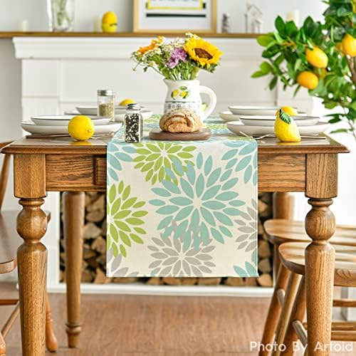 Artoid Mode Green Dahlia Floral Pinnata Summer Table Runner, Spring Kitchen Dining Table Decoration for Home Party Decor 13x72 Inch - Image 2