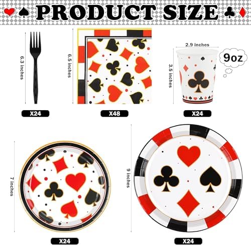 durony 144 Pieces Casino Paper Plates and Napkins Dinnerware Set Casino Birthday Party Tableware Supplies Includes Poker Club Paper Plates Napkins Forks Serve 24 for Casino Party Supplies - Image 2