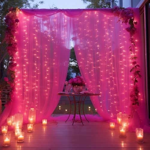 30×10ft Hot Pink Tulle Backdrop Curtain with Lights String for Parties, Sheer Photo Backdrop Curtains for Wedding Bridal Shower Party Photography Background - Image 6