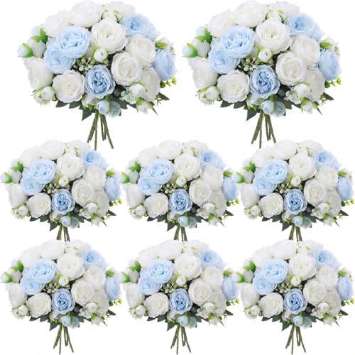 Geosar 8 Bundles Artificial Peonies Flowers,Blue, White by Geosar