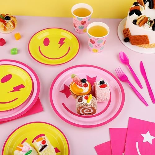 Kochorie 400 Pieces Preppy Smiley Face Party Tableware Set Paper Smile Face Plates Napkins Paper Cups Cutlery for Preppy Birthday Party Decorations Baby Shower Decor, Serve 50 Guest - Image 4