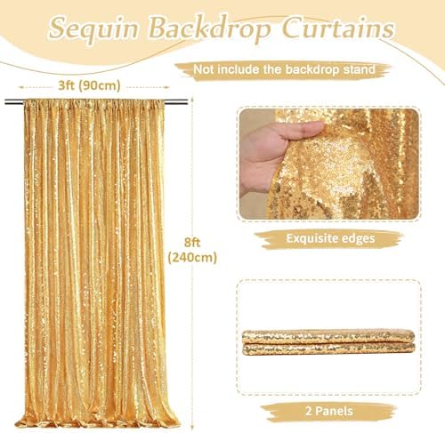 Gold Sequin Backdrop Curtains-2 Panels 3FTx8FT Gold Backdrop for Wedding, Glitter Party Decorations Background Drapes for Birthday Party Anniversary Graduation Photo Booth Decor - Image 3