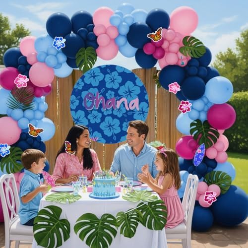 Hot Pink Blue Pink Balloon Garland Kit with Hawaii Ohana theme backdrop plam Hawaii card stickers for Summer Tropical aloha cartoon birthday party gender reveal Baby shower decorations - Image 2