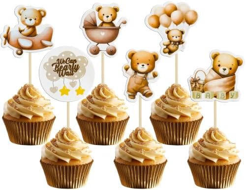 Gyufise 36Pcs Bear Cupcake Toppers Bear Cupcake Picks Baby Carriage Bottle Balloon We can Bearly Wait Cake Decorations for Baby Shower Gender Reveal Kids Birthday Party Supplies Coffee by Gyufise