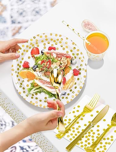 Nkaiso 141Pcs White Gold Paper Plates and Napkins Party Supplies for20 - Image 4