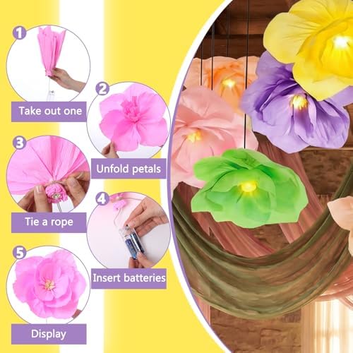 VIHOSE 12 Pcs Tea Party Decorations 15.7 Inch Lanterns Paper Flower with LED Lights for Spring Fancy Party Decorations Large Peony Pendant Lamps for Tea Garden Wedding Bridal Baby Shower - Image 3