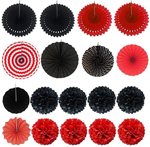 ZERODECO Party Decoration, 21 Pcs Black and Red Hanging Paper Fans Pom Poms Flowers, Garlands String Polka Dot and Triangle Bunting Flags for Minnie Mouse Birthday Parties Baby Showers Wedding - Image 7