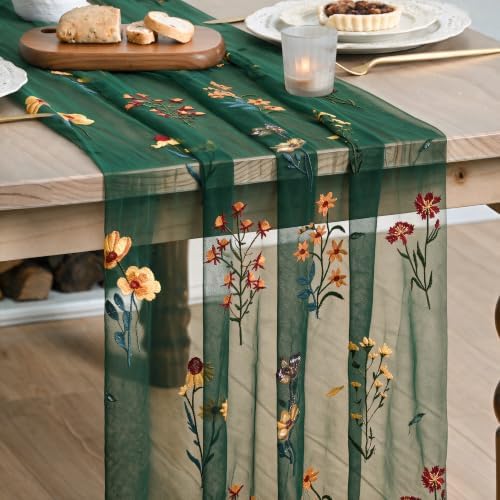 Artoid Mode Wildflower Dark Green Embroidery Table Runner 120 Inch 10FT by ArtoidMode