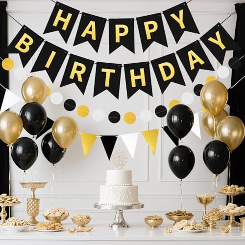 Black Gold Happy Birthday Banner Hanging Sign Circle Dot Triangle Bunting - Image 2
