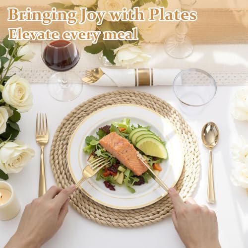 WDF Partyware 350Piece Gold Dinnerware Set for 50 Guests - Gold Plastic Plates with Disposable Cutlery - 50Dinner Plates-50Dessert Plates-50Pre Rolled Napkins with Silverware for Wedding/Thanksgiving - Image 3