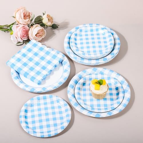 150 Pcs Light Blue Gingham Paper Plates and Napkins, Plaid Party Set - Image 7