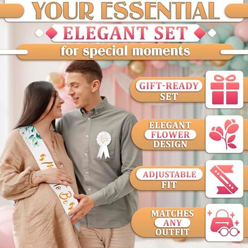 V TOWER Mom to Be Sash Baby Shower and Daddy to Be Pin, Satin (White) - Image 4