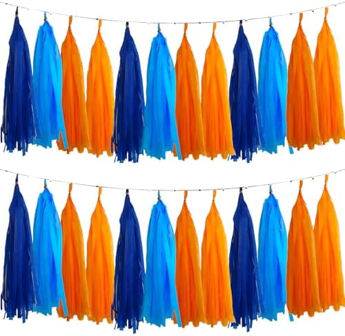 Blue and Orange Tassel Garland，Tissue Tassel Banner for Blue Orange Birthday Party Decorations,Pack of 20 by We+Moment