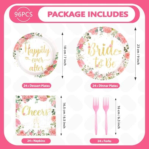 Grencian 96 Pcs Bachelorette Party Decorations Rose Gold Bride Shower Plates and Napkins Bride to Be Tableware Pink Flower and Gold Bachelorette Party Supplies for Engagement Wedding Party Favors - Image 5
