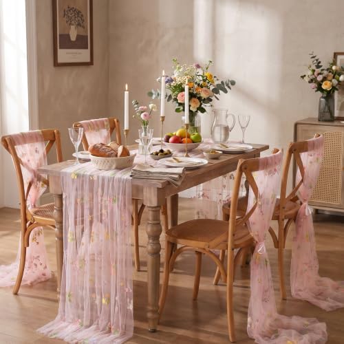Pink Floral Gauze Table Runner 6pcs 10ft Embroidery Tulle Spring Decor - Image 2