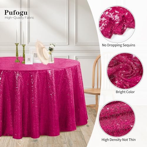 Pufogu 50" Round Fuchsia Sequin Tablecloth Glitter Fuchsia Table Cloths for Birthday Wedding Bridal Baby Shower Party Decorations - Image 3