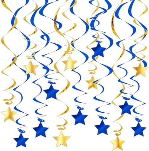 Blue Gold Hanging Swirl Decorations - 32 Pcs Metallic Ceiling Swirls with Foil Stars, Streamers for Graduation 2026, Wedding, Birthday, Nautical Theme, Father's Day, Retirement Party Supplies by PARTVON
