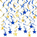 Blue Gold Hanging Swirl Decorations - 32 Pcs Metallic Ceiling Swirls with Foil Stars, Streamers for Graduation 2026, Wedding, Birthday, Nautical Theme, Father's Day, Retirement Party Supplies by PARTVON