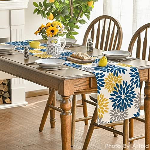 Artoid Mode Blue Dahlia Floral Pinnata Summer Table Runner, Spring Kitchen Dining Table Decoration for Home Party Decor 13x90 Inch - Image 4