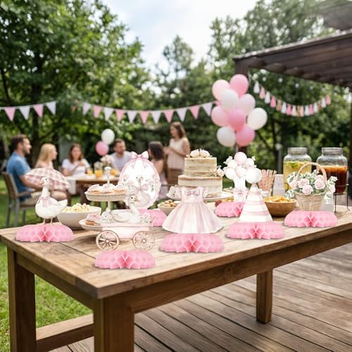 12 Pcs Pink Goose Baby Shower Decorations for Girl - Goose Baby Shower Centerpieces for Tables - Vintage Pink Goose Honeycomb Table Decor with Bow Floral for Girl Baby Shower 1st Birthday - Image 6