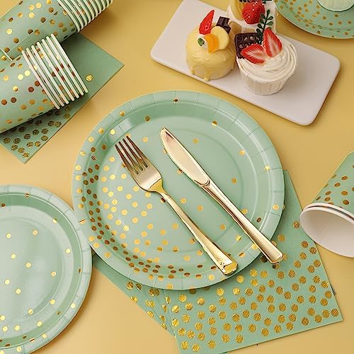 175 Pcs Sage Green Plates and Napkins Party Supplies - Sage Green Paper Plates Serve 25 Guests - Sage Green and Gold Disposable Plates Sets for Holiday Wedding Birthday Party Decoration - Image 3