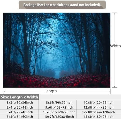 Autumn Forest Backdrop for Halloween Eve Party Mystic Blue Red Maple Leaves Foggy Woods Pathway Thanksgiving Background Photography Studio Photo Booth Props 5x3ft - Image 2
