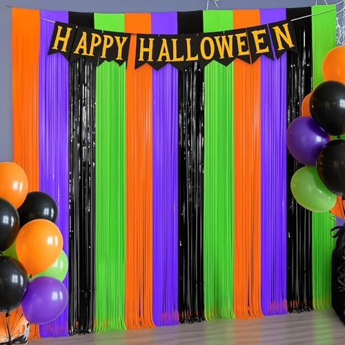 4 Packs Halloween Foil Fringe Curtain, Orange Black Purple and Green Metallic Tinsel Backdrop for Birthday, Baby Shower, Bachelorette, Halloween Party Decorations Favors Supplies Indoor Outdoor by BSRESIN