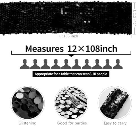 Pufogu 12 "x 108" Sequin Table Runner, Black Glitter Premium Big Sequin Table Runner, Rectangle Table Runners for Halloween, Christmas, Wedding Party, Birthday Party, Banquet Decor (1 Pack). - Image 4