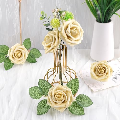AmyHomie Beige Rose 25pcs Real Looking Artificial Flowers w/Stem - Image 5