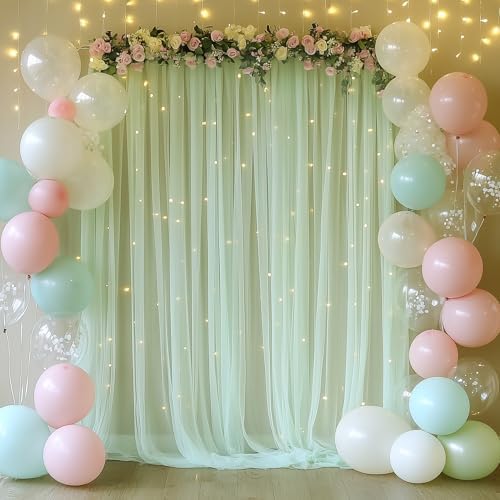 Tulle Backdrop Curtain with Lights 10x8FT Sage Green Sheer Curtains - Image 5