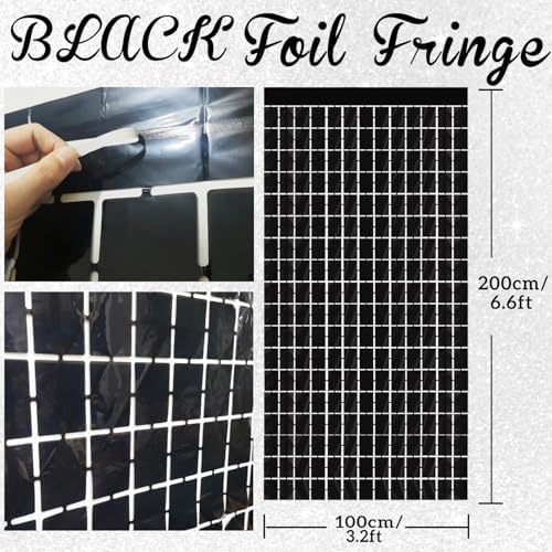 GOER Black Party Backdrop Metallic Tinsel Foil Fringe Curtain Photo Booth Props for New Year's Eve Graduation Halloween Birthday Casino Theme Party Holiday Celebration Party Decorations (2 Packs) - Image 2