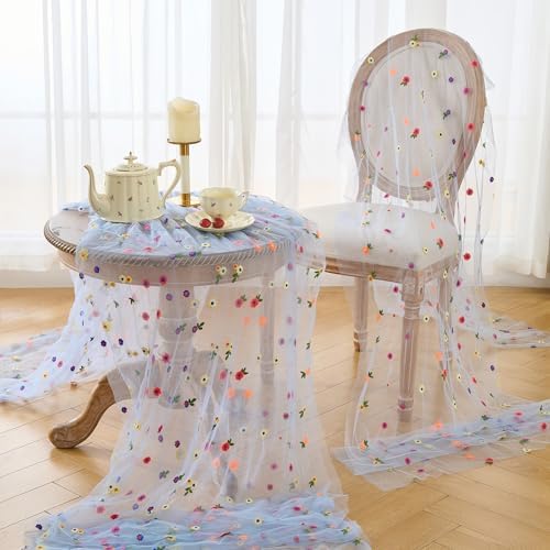 BINBE 12pcs Daisy Spring Table Runner Embroidery Gauze 10FT Florals Seasonal Tulle Holiday Birthday Kitchen Dining Table Decor for Home Party Blue - Image 5