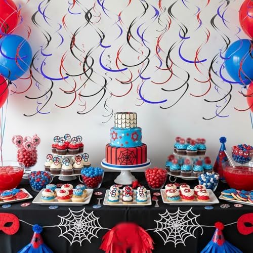 BEISHIDA 24Pcs Red Blue Black Hanging Swirls Spider Theme Birthday Supplies - Image 4