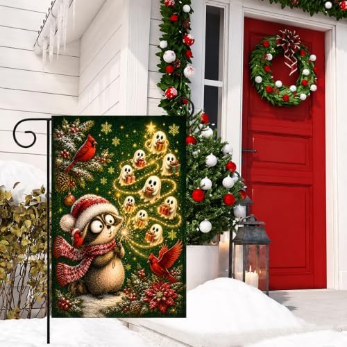 Christmas Garden Flag Vintage Holiday Raccoon Ghost Tree Winter Yard Decor - Image 4